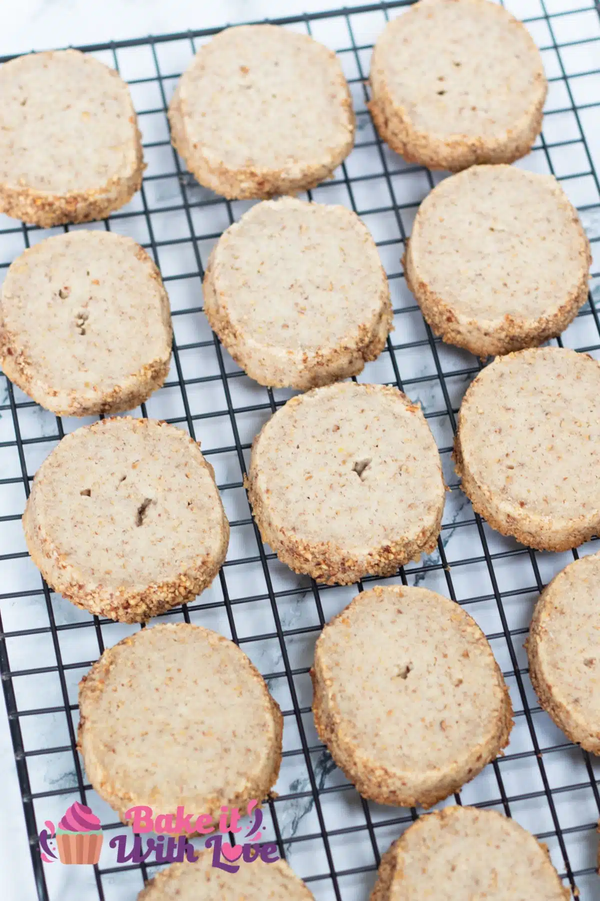 Best pecan sandies recipe to bake up tender, golden cookies like these pecan crusted cookies cooling on a wire rack.