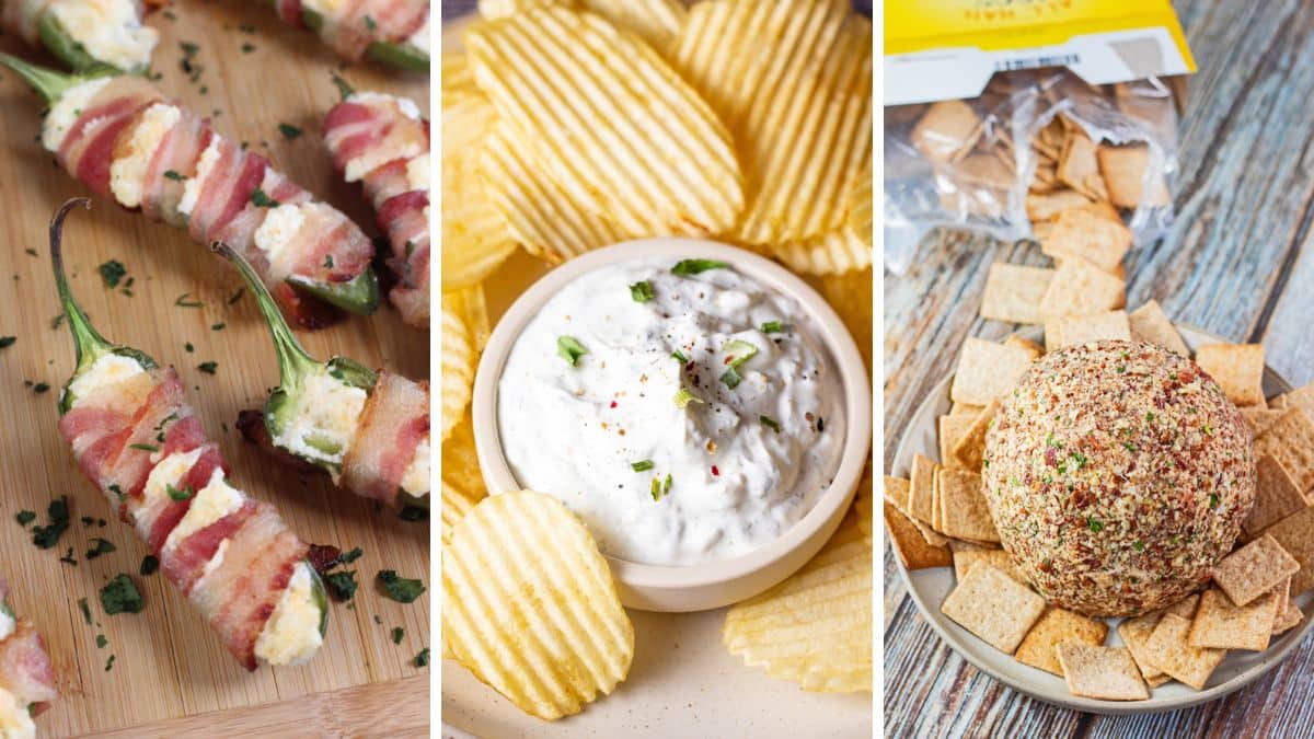 A wide three-image collage showing cream cheese-stuffed bacon-wrapped jalapeno poppers, sour cream chip dip with potato chips, and a ranch cheese ball with Triscuts.