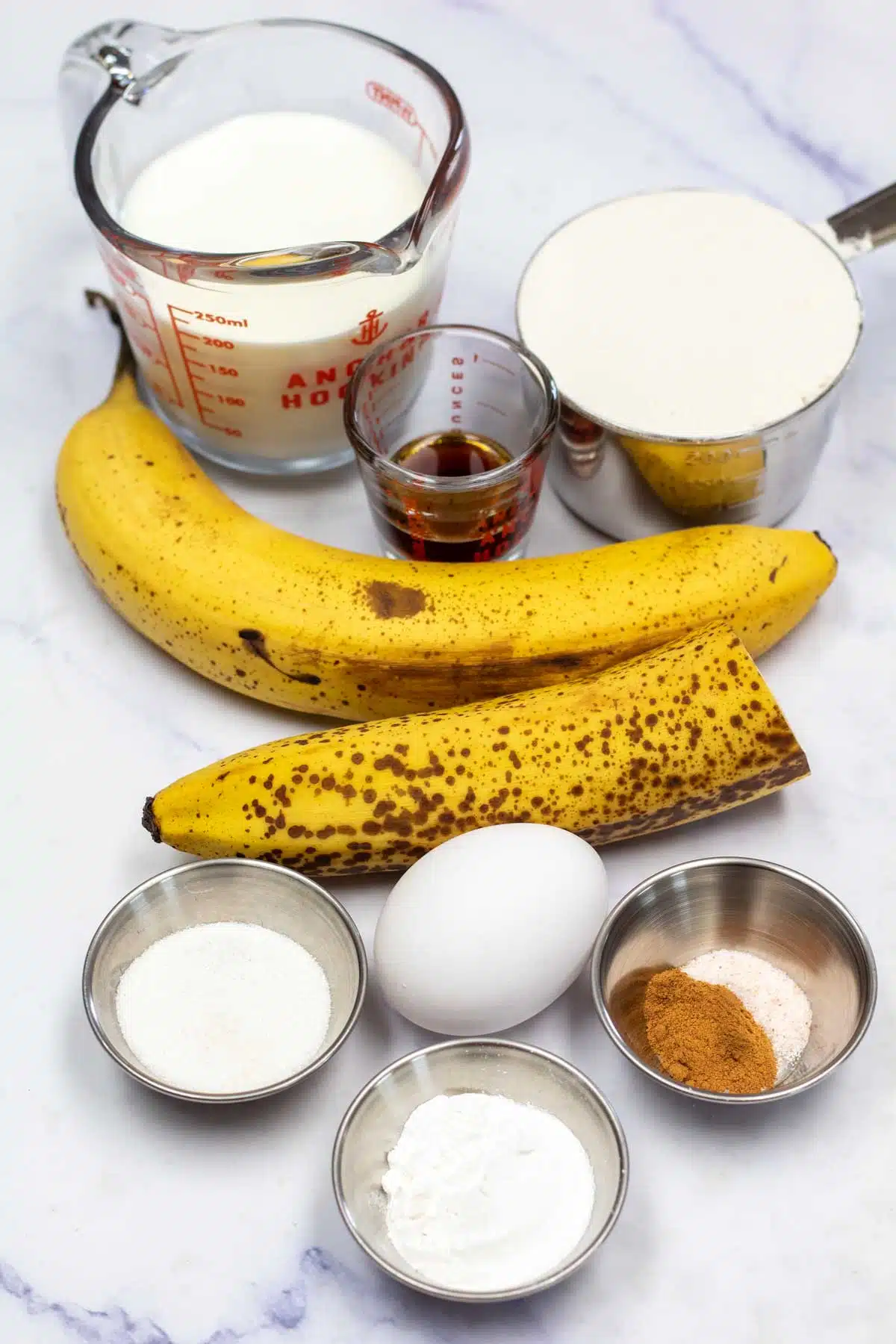 Tall ingredients image for banana pancakes.