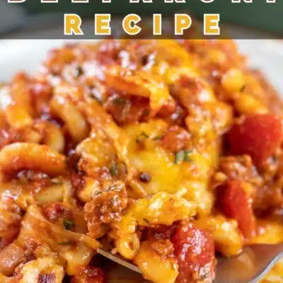 Pin image with text of beefaroni dinner.