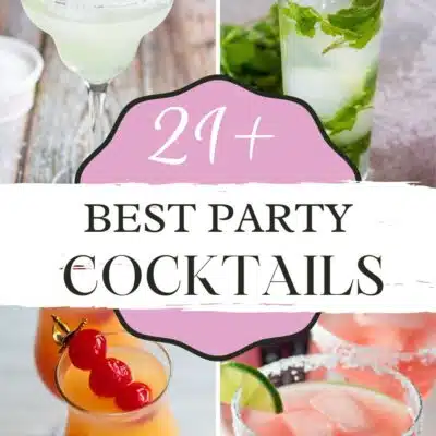 Pin split image with text showing different cocktail recipes you can make for a party.