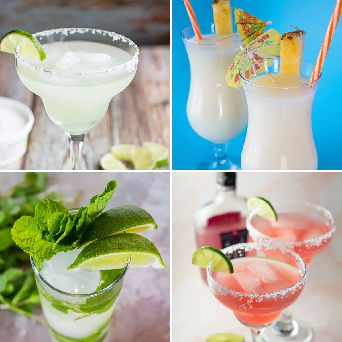 Fyrkantig delad bild som visar olika cocktailrecept du kan göra till en fest.