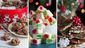 Wide split image showing different Christmas candy recipes.