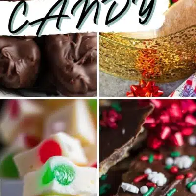 Pin split image with text showing different Christmas candy recipes.