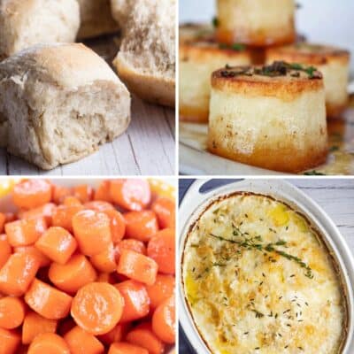 Square split image showing Christmas side dishes.