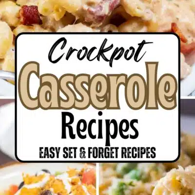 Pin split image with text of crockpot casserole recipes.