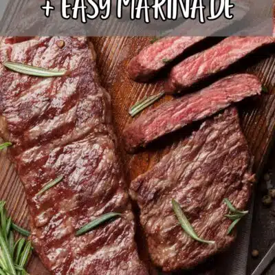 Pin image with text of sliced Denver steak on a cutting board.