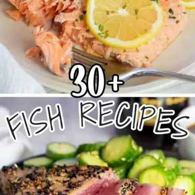 Pin split image with text showing different fish recipes to make.
