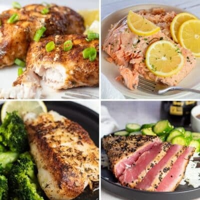 Square split image showing different fish recipes to make.