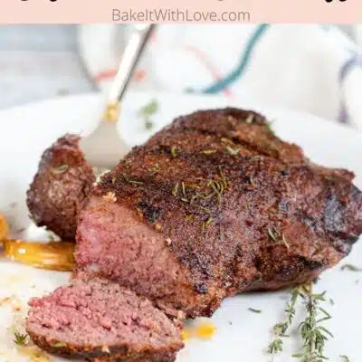 Pin image with text overlay of grilled ostrich steaks.