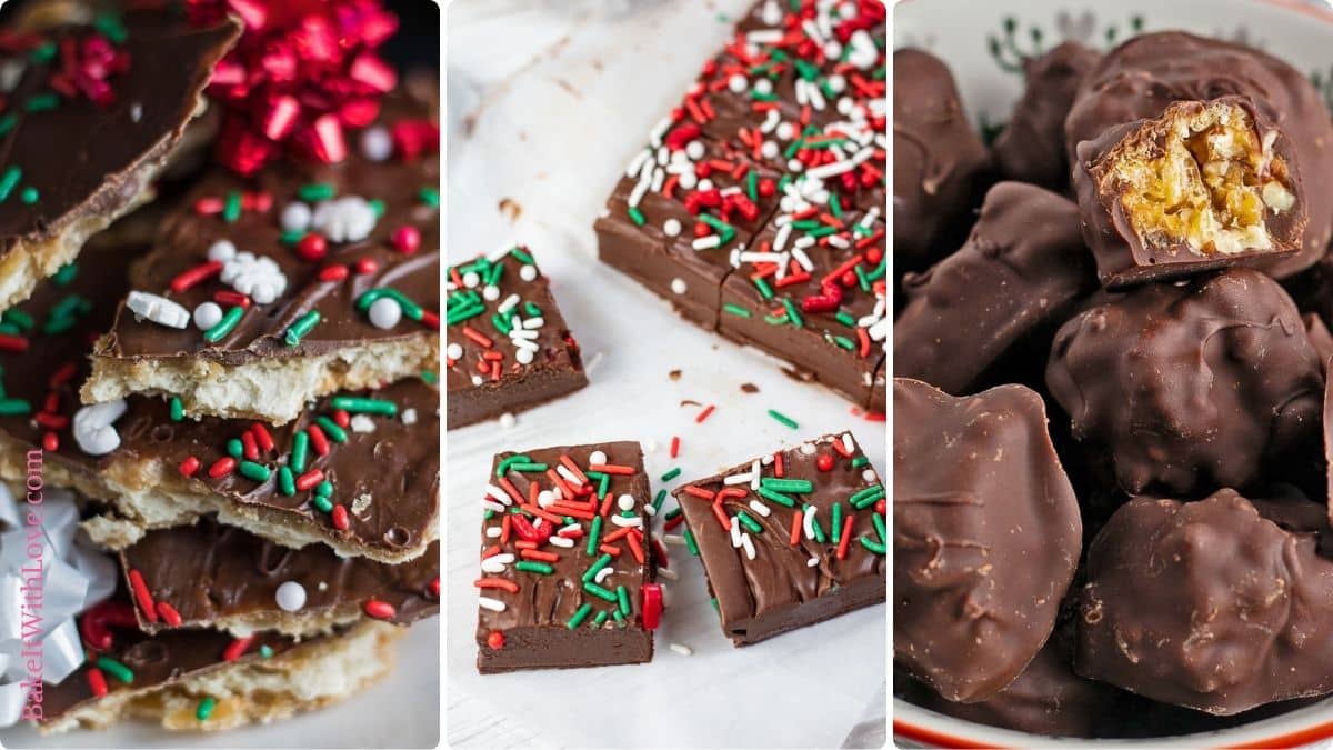 Wide image showing three different pictures of homemade christmas candy. 