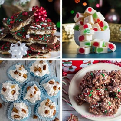 Square image showing 4 different pictures of homemade christmas candy recipes.