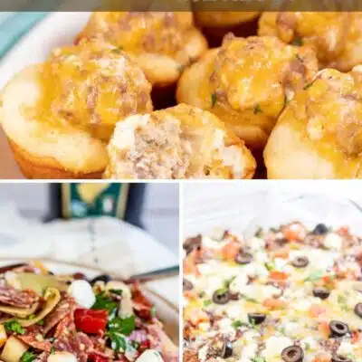 Pin split image with text showing different luncheon menu ideas.