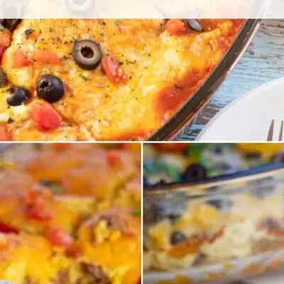 Pin split image with text showing different Mexican casserole recipes to make.