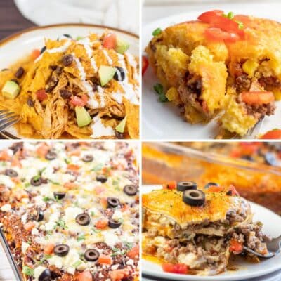 Square split image showing different Mexican casserole recipes to make.