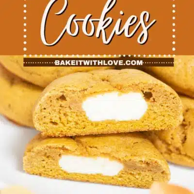 Pin image with text showing pumpkin cheesecake cookies.