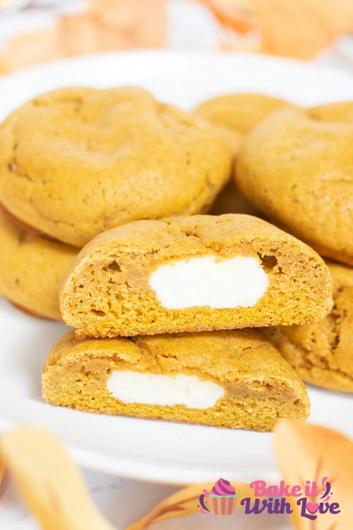 Tall image showing pumpkin cheesecake cookies.