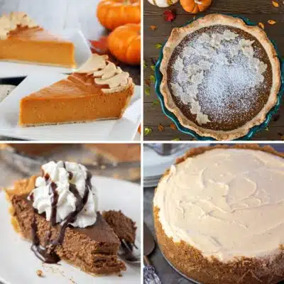 Square split image showing different pumpkin pie based recipes.