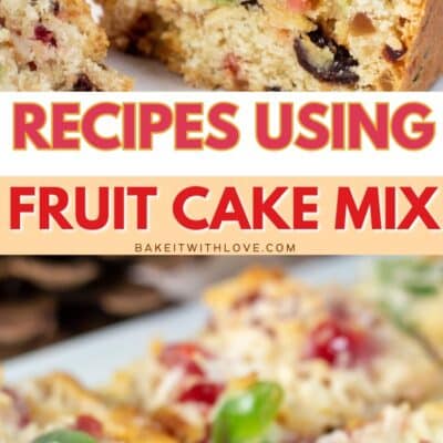 Sematkan gambar dengan teks yang menunjukkan berbagai resep untuk dibuat menggunakan campuran kue buah.