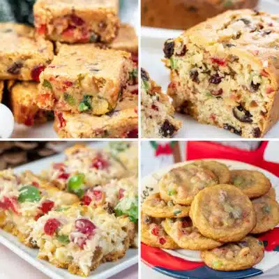 Square image showing different recipes to make using fruitcake mix.
