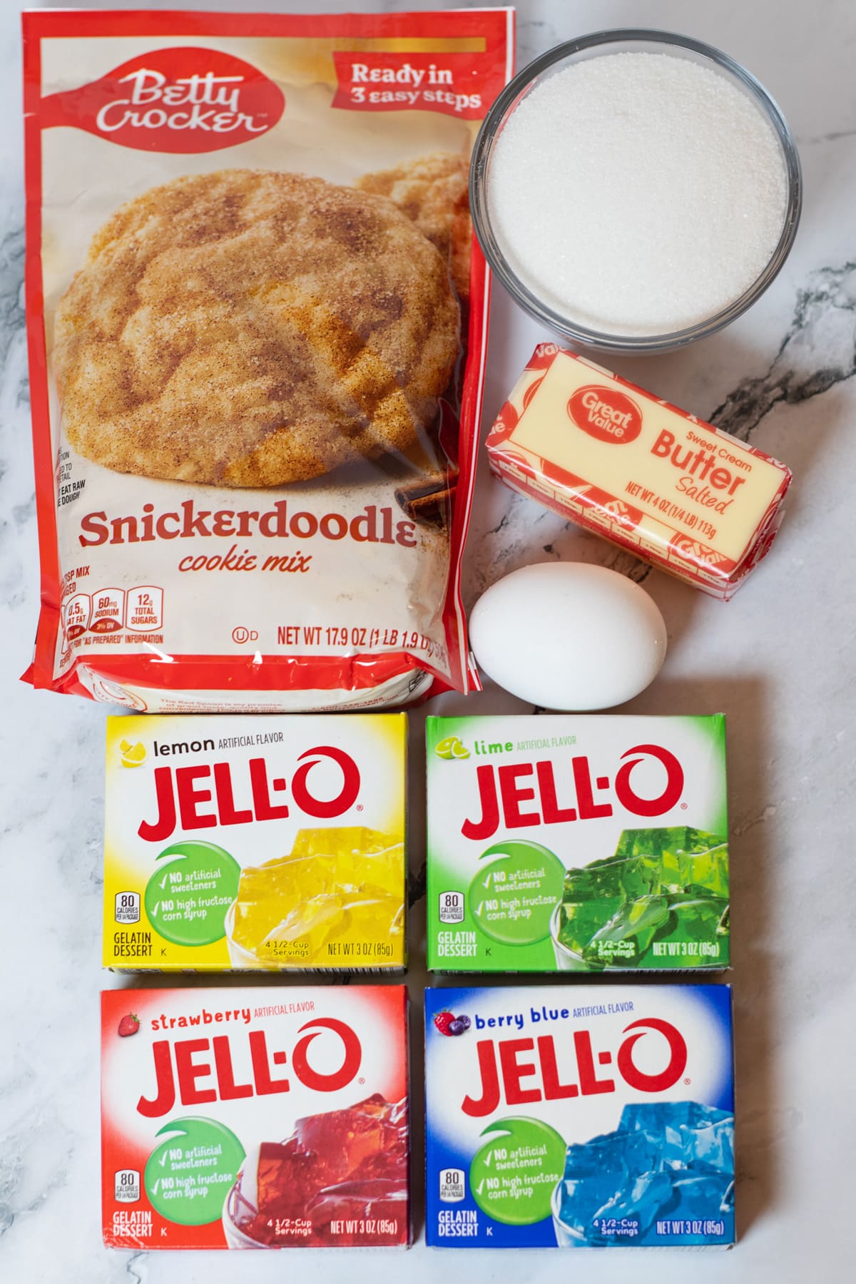 Tall image of jello cookie ingredients.