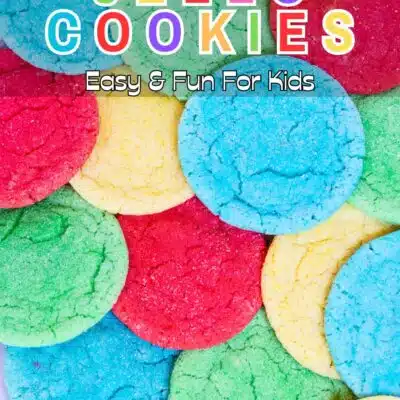 Pin image with text of colorful jello cookies.