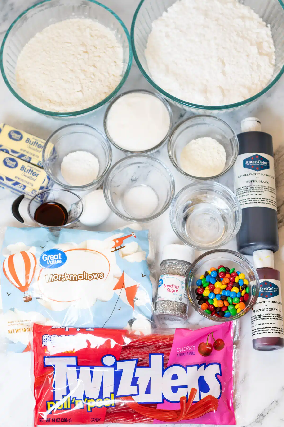 Ingredient image showing everything needed to make these melting snowman sugar cookies.