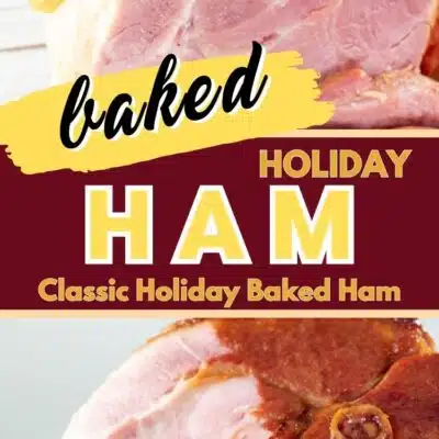 Pin image with text of sliced baked holiday ham.