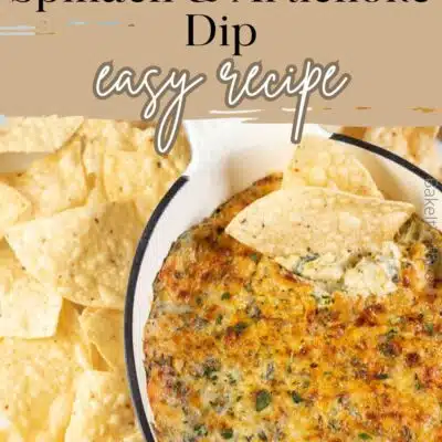 Pin image with text of baked hot spinach and artichoke dip with chips.