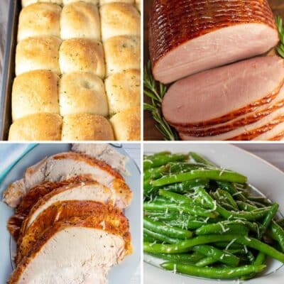 Square split image showing different recipe ideas for a budget friendly Christmas dinner.