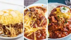 Wide split image showing different varieties of chili to make.