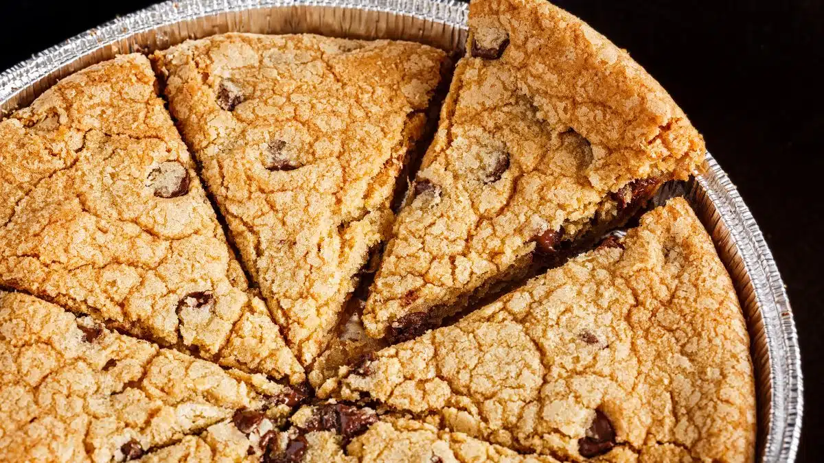 Wide image of chocolate chip cookie pie.