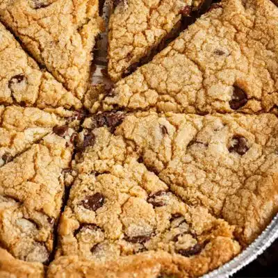 Square image of chocolate chip cookie pie.
