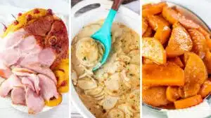 Wide split image showing different recipes that go with with your Christmas ham.