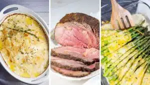 Wide split image showing different Christmas Prime rib dinner menu ideas.