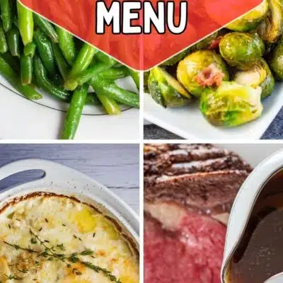 Pin split image with text showing different Christmas Prime rib dinner menu ideas.