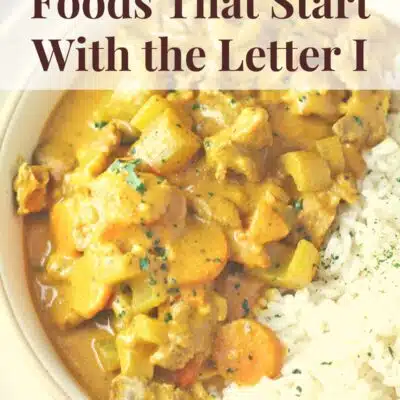 Pin image with text for foods that start with the letter I, featuring Indian goat curry.