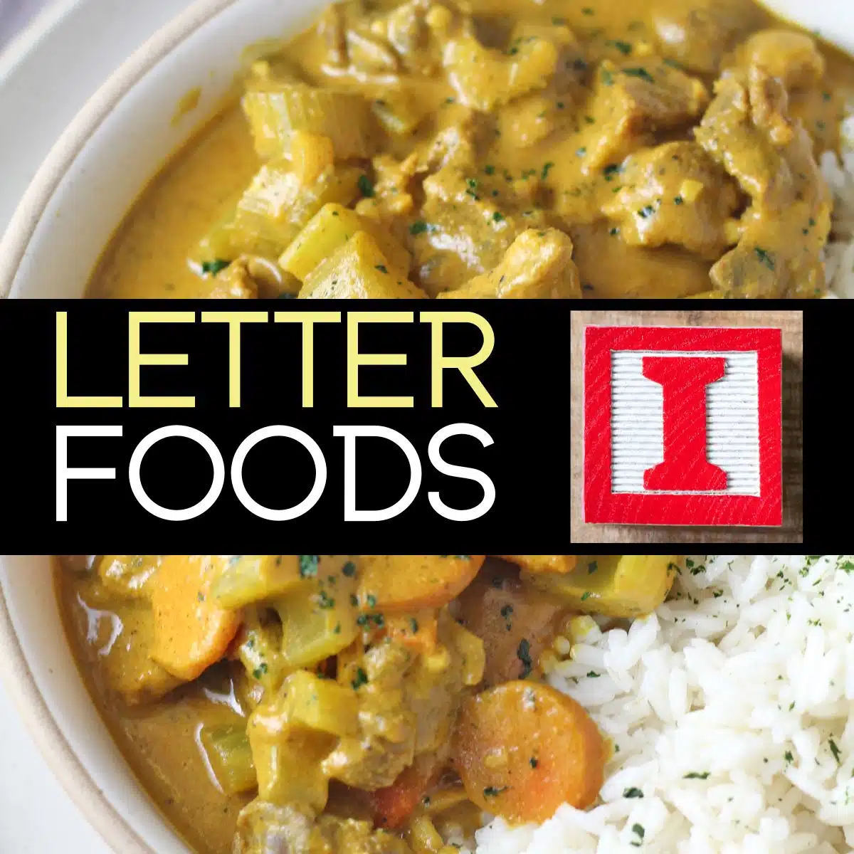 Square image for foods that start with the letter I, featuring Indian goat curry.