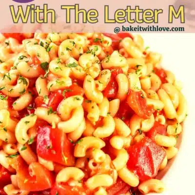 Pin image for foods that start with the letter M, showing macaroni.