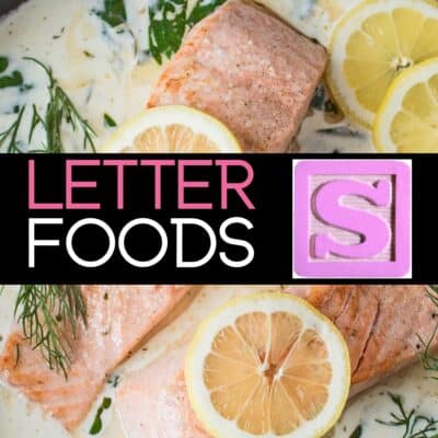 Square image for foods that start with the letter S, featuring salmon in the photo.