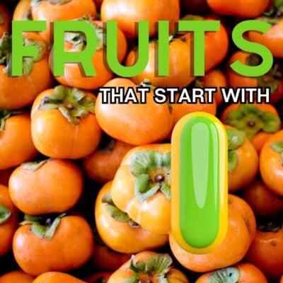 Vierkant plaatje voor fruit dat begint met de letter I, met daarop een Indiase Persimmon.