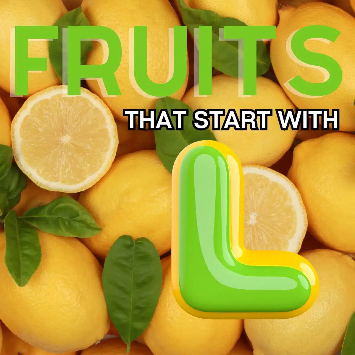 Fyrkantig bild för frukter som börjar med bokstaven L, med citroner.