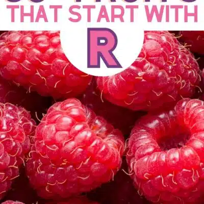 Pin image for fruits that start with the letter R, featuring raspberry.