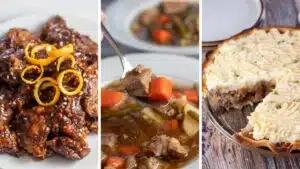 Wide split image showing different recipes to make with leftover roast beef.
