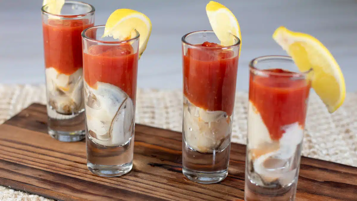 Wide image of oyster shooters.