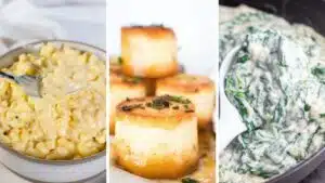 Wide split image showing different side dishes to have with prime rib.