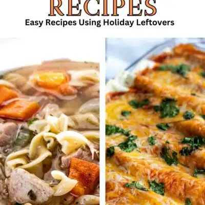 Pin split image with text showing different Thanksgiving leftover recipe ideas.