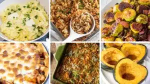 Wide split image showing different Thanksgiving recipe side dishes.