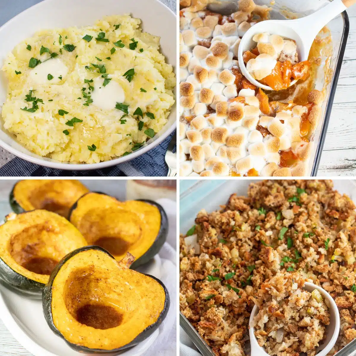 Square split image showing different Thanksgiving recipe side dishes.
