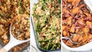 Bred delad bild som visar olika recept som kan serveras på Thanksgiving med kalkon.